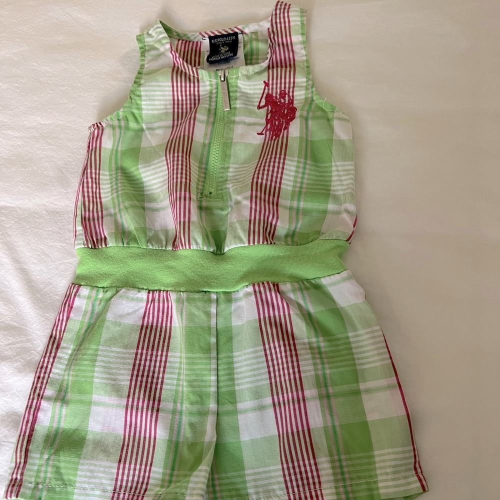 US Polo girls romper in pink white and lime green in size 24m